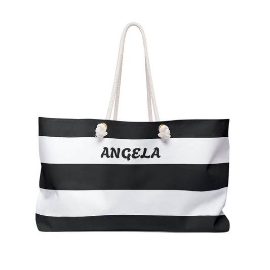 Personalized Black and White Stripe Weekender Bag